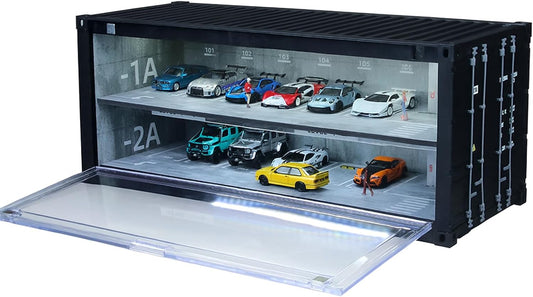 1/64 Scale Display Case with LED Light–Container Box Style Garage Diorama | Compatible with Hot Wheels Matchbox Mini GT Diecast Cars and Storage Stackable, for Model Car and Figures Display