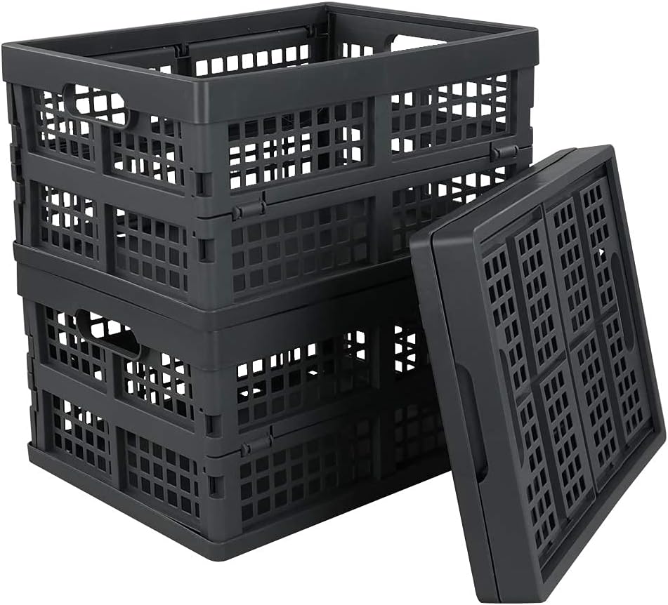 Idotry 3-PACK 15 L Folding Storage Crates, Stackable Collapsible Basket | Space-Saving Utility Containers, Dual Side Carry Cutout Handles, for Garage, Car, Grocery & Home Organization