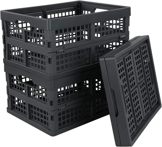 Idotry 3-PACK 15 L Folding Storage Crates, Stackable Collapsible Basket | Space-Saving Utility Containers, Dual Side Carry Cutout Handles, for Garage, Car, Grocery & Home Organization