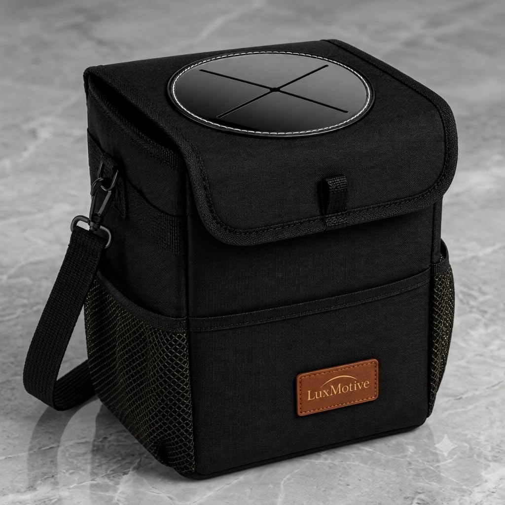 LuxMotive Car Trash Can – 3 Gallon Leakproof Waterproof Auto Trash Bin, Hanging Car Garbage Container with Lid & Storage Pockets, Foldable Car Organizer for Vehicle Interior (Black)