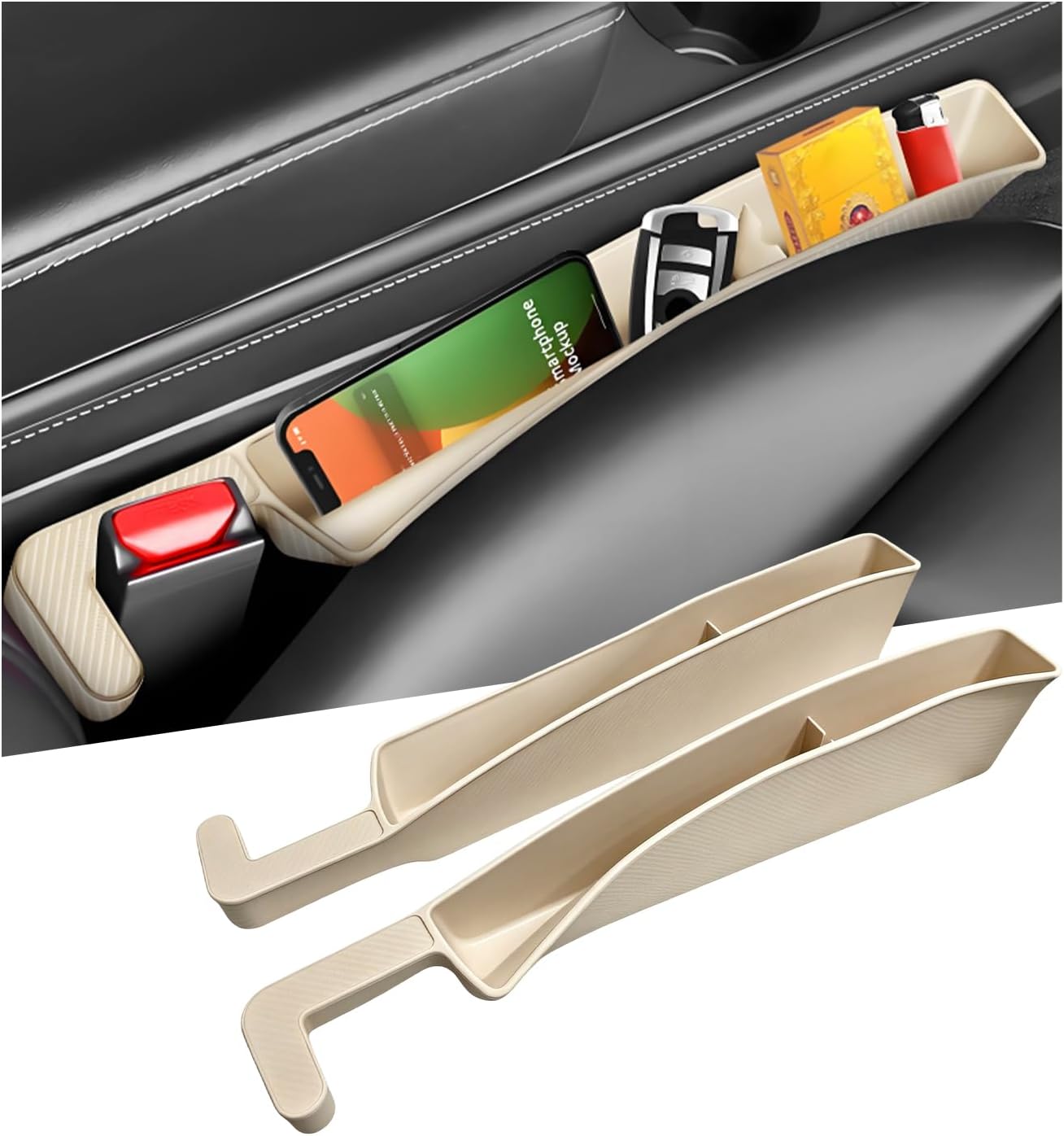 2 PCS Car Seat Gap Filler, Multifunctional Auto Console Side Storage with Phone Holder & USB Slot, Universal Front Seat Organizer Fill The Gap Space for Car SUV Truck (Beige)