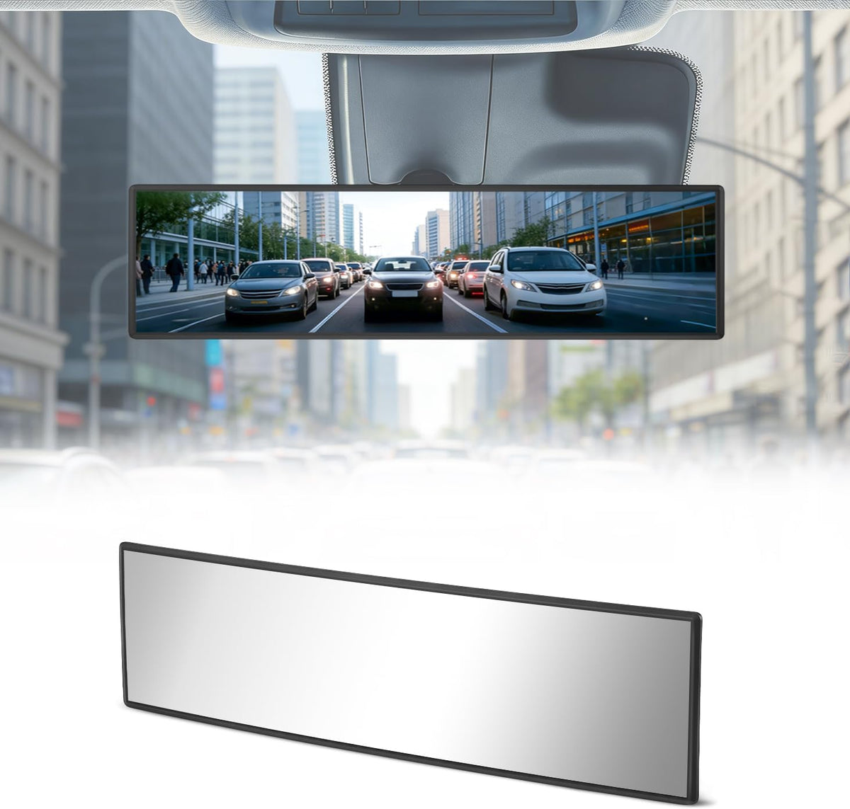 Rear View Mirror - Chrome Anti-Glare Panoramic Rearview Mirror 12 Inch Clip-On Convex Rearview Mirror, Reduces Blind Spots, HD Wide Angle,Shock Resistant for Cars, Trucks & SUVs (Light Chrome)