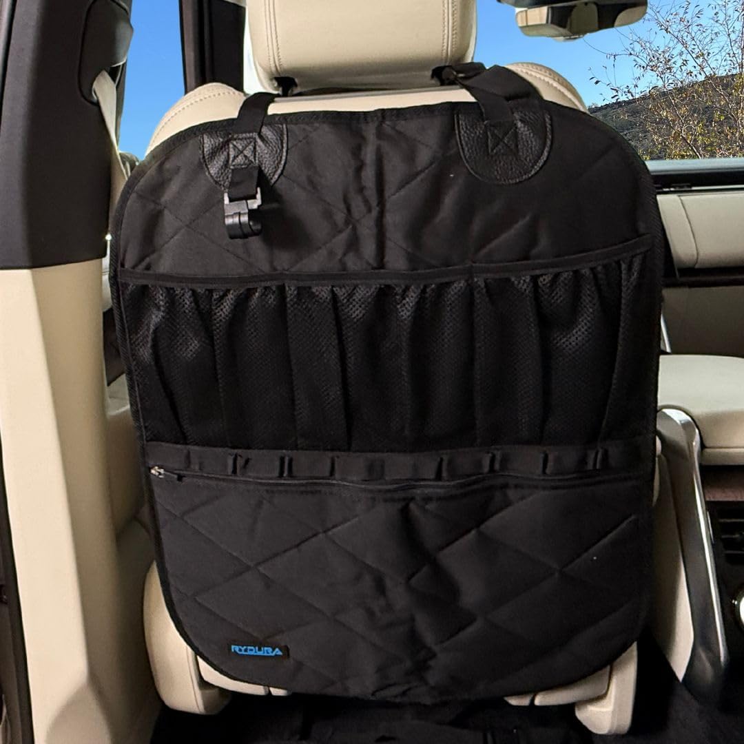 Rydura Car Seat Back Organizer – Heavy-Duty Kick Mat, Mesh Pockets, Black