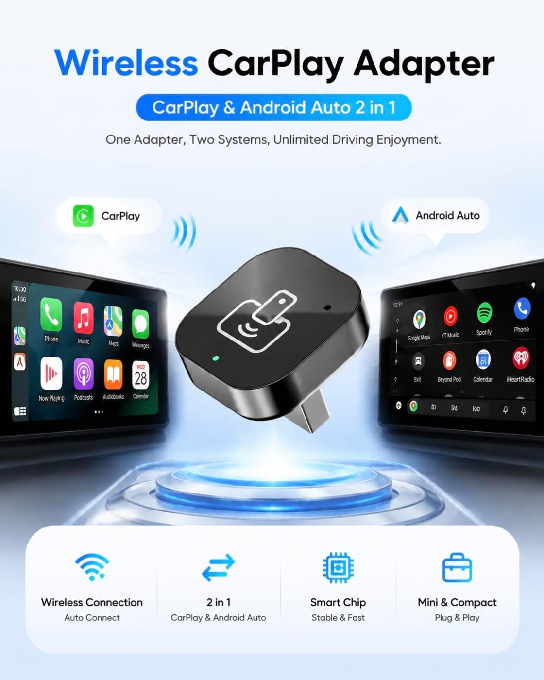 2026 Wireless CarPlay & Android Auto Adapter – 2-in-1 Plug & Play Dongle, Converts Wired to Wireless, Auto Reconnect, Low Latency, for iOS 10+ & Android 11+ with Factory Wired CarPlay