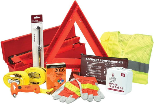 J. J. Keller 2XL/3XL Truck Driver Safety Kit w/Logistic Straps, PPE, First Aid Kit, ERG, Emergency Triangles, Accident Kit, Tire Pressure Gauge, Light/Window Punch/Seatbelt Cutter Tool