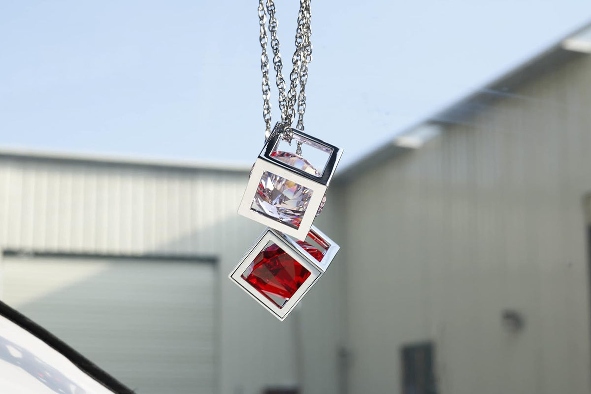 Bling Diamond Cube Car Rear View Mirror Charms, Crystal Rhinestone Cube Hanging Ornament for Automotive, Home Decor (Red)