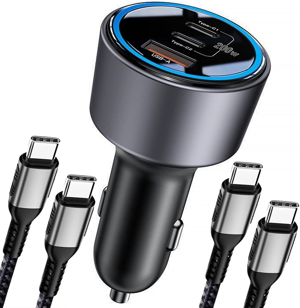 200W USB C Car Charger, 2 Port 100W Type-C Charger with 2 100W USB C Cable