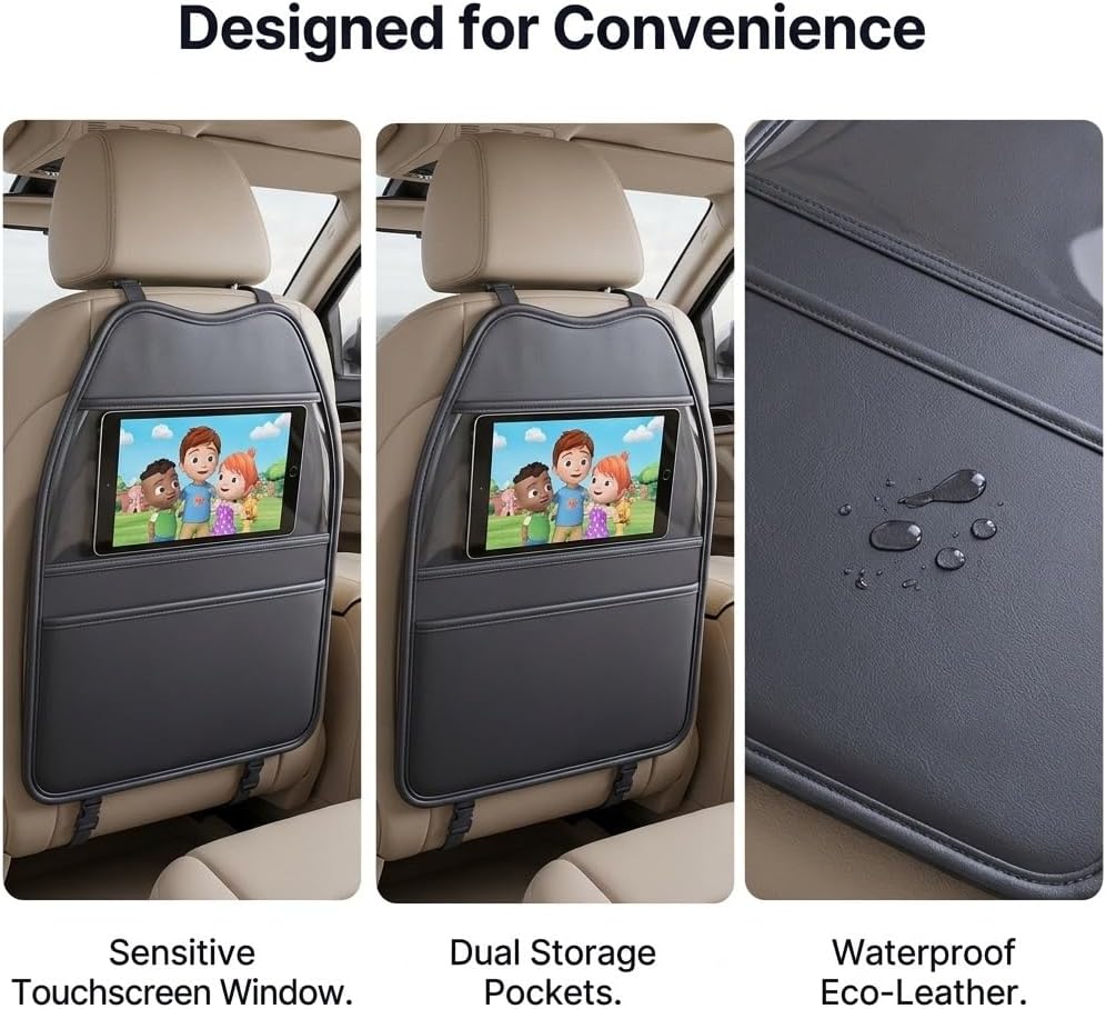 Universal Car Back Seat Protector Kick Mats Fit for Tesla Model 3/Y, Toyota RAV4, Honda CRV, Ford F150, Chevy, SUV & Trucks, Eco-Leather Seat Back Organizer, Waterproof, Black (2 Pack)