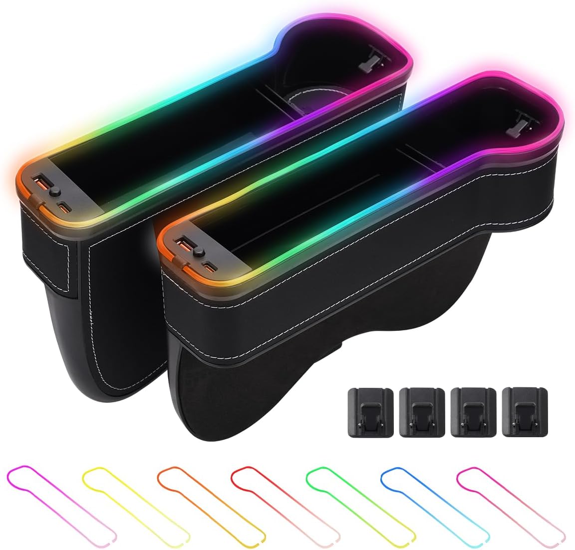 Shademax RGB Color Changing LED Car Seat Gap Filler Organizer Console Side Seat Gap Storage Box with Cup Holders and USB Chargers for Car Interior Accessories (2 Pack)