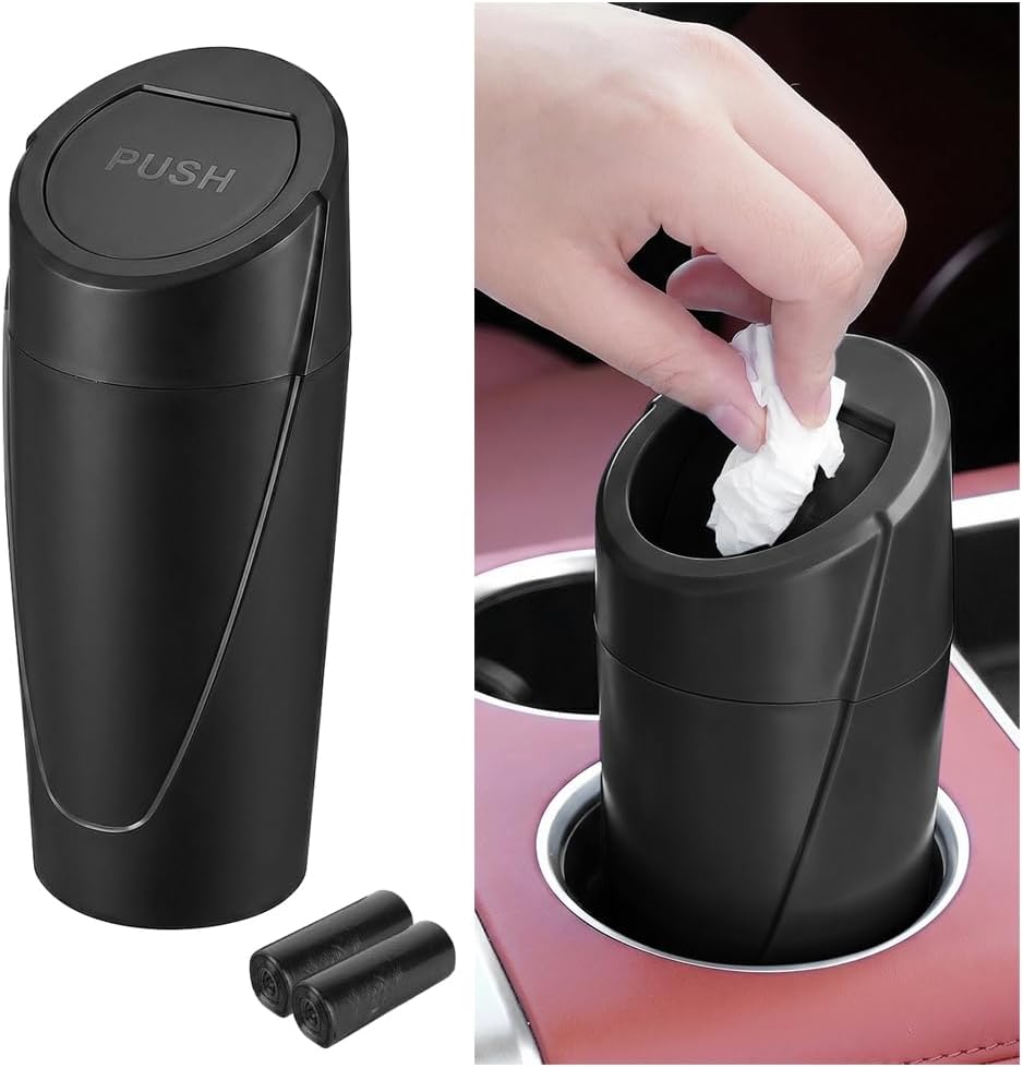 Car Trash Bin with Lid, Leak-Proof Portable Vehicle Cup Holder Garbage Can Dustbin with 2 Roll Trash Bags, Auto Interior Cup Holder Trash Bin Storage Organizer, Universal Fit (Black)