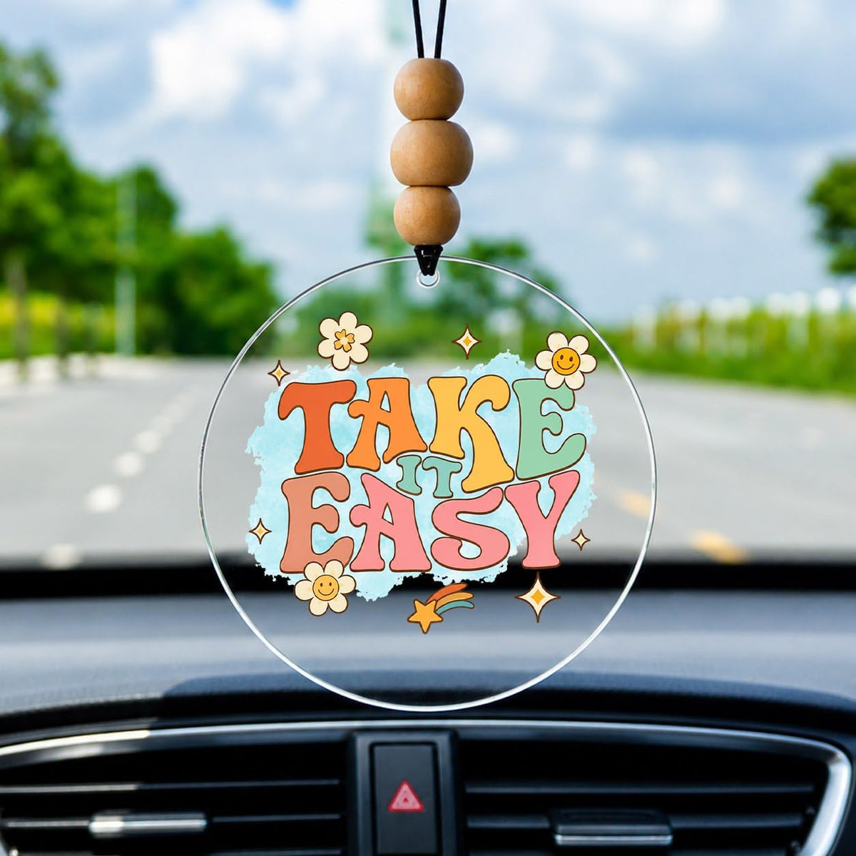 Talataca Probably Late for Something 2D Flat Car Ornament & Wood Beads, Funny Quote Beaded Rear View Mirror Accessories, Retro Rearview Hanging Charm, Christmas Tree Decor