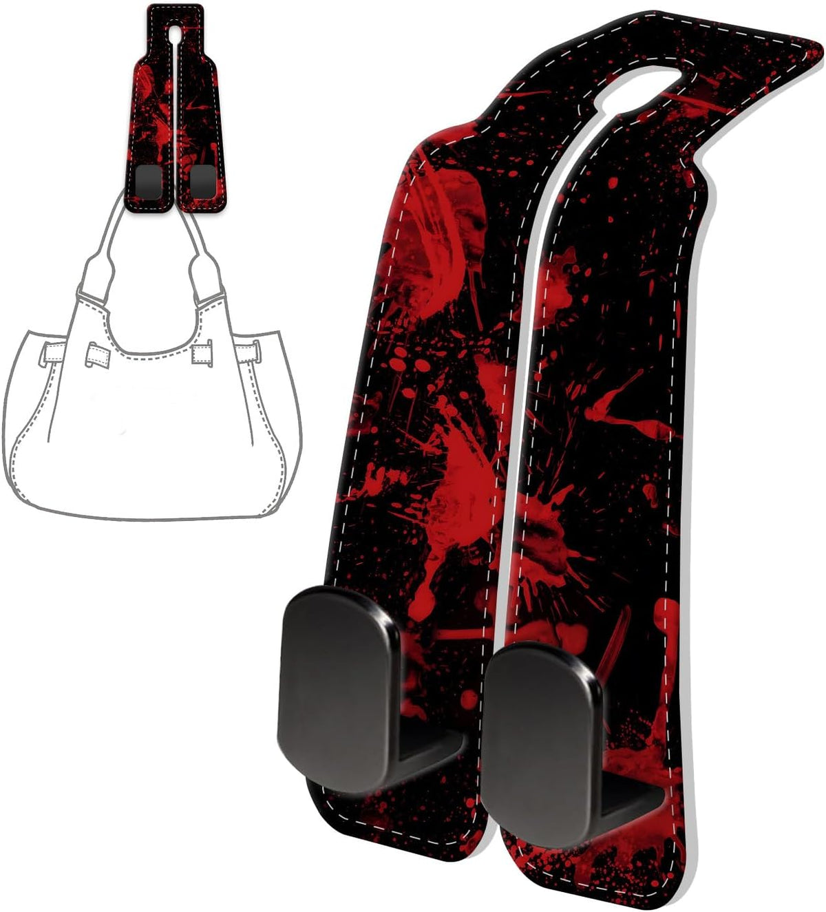 PU Leather Car Seat Hook, Storage Headrest Hanger, Cute Car Backseat Organizer, Car Hooks For Purses and Bags Dark Red Pattern