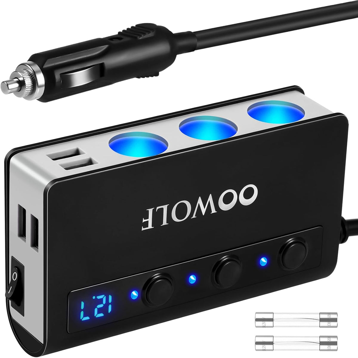 OOWOLF 7 in 1 Cigarette Lighter Splitter, 180W Quick Charge 3.0 12V/24V 3-Socket Car Charger Adapter, 4 USB Ports Car Power Adapter Car Splitter, Independent Switches, LED Voltmeter, 2.3FT Cable