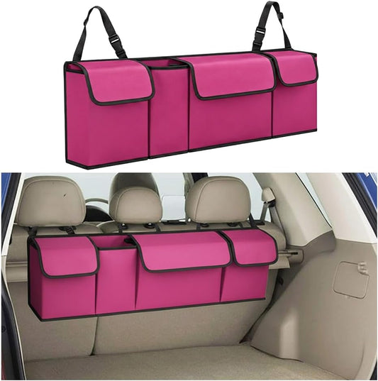 Car Trunk Organizer, Multi Compartment Foldable Sturdy Vehicle Backseat Hanging Storage Organization with Lid, Automotive Interior Storage Bag, Universal for SUV RV Truck (Purple)