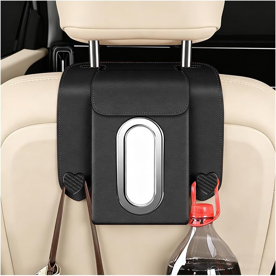 Car Tissue Holder, Multifunctional Vehicle Seat Back Hanging Tissue Box with Storage Hook, Automotive Interior Backseat Napkin Organizer, Universal for SUV Automobile Truck (Black)