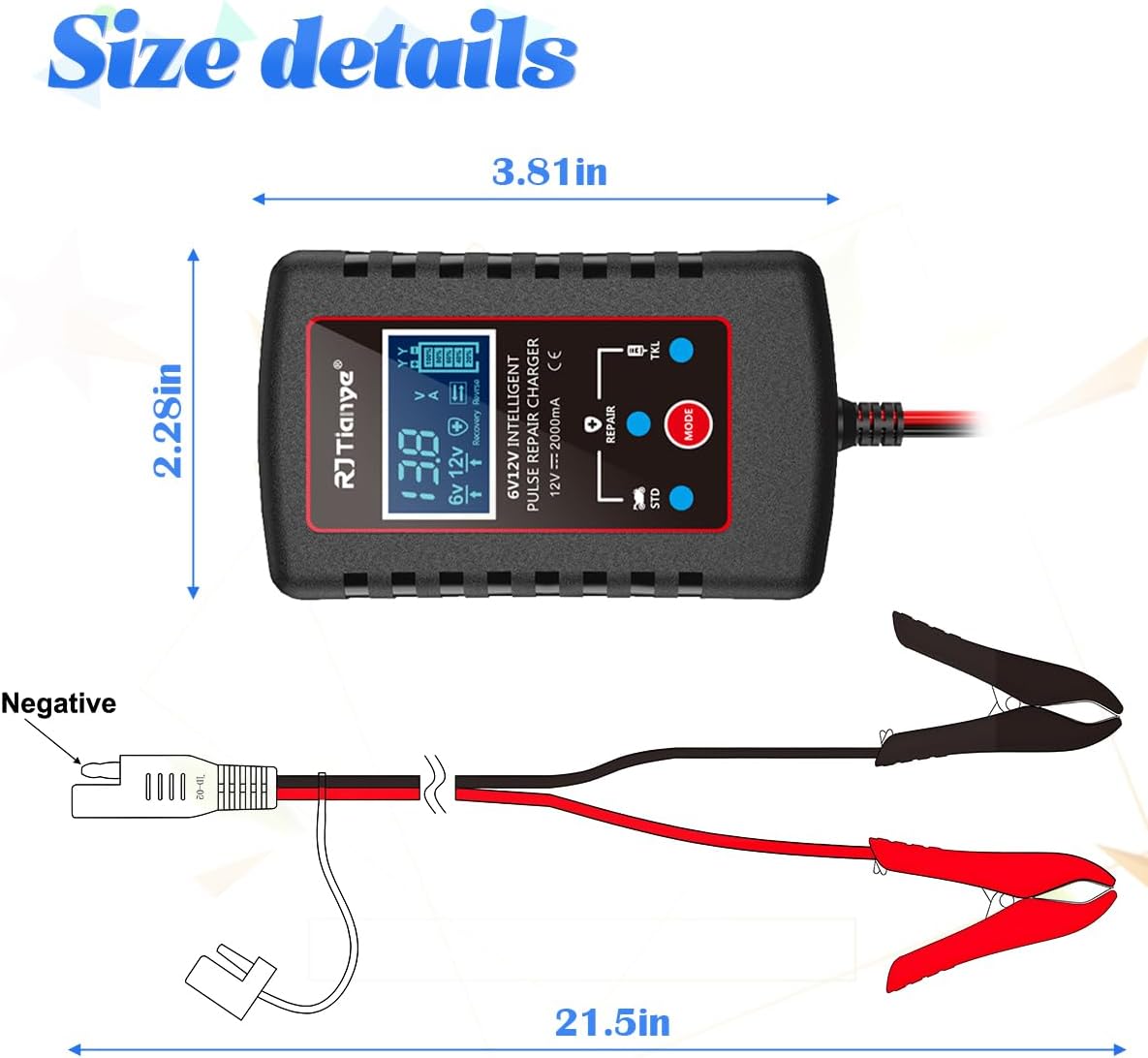 zipelo Car Battery Charger, 6V 12V Automatic Smart Trickle Battery Charger, Intelligent Pulse Repair Charger with ASE Adapter Cable, Battery Desulfator for Motorcycle Lawn Mower Marine