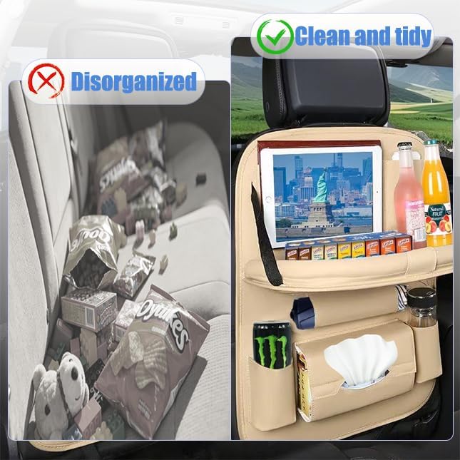 YiYang With a foldable tray car seat organizer backseat（Set of 2, Beige）
