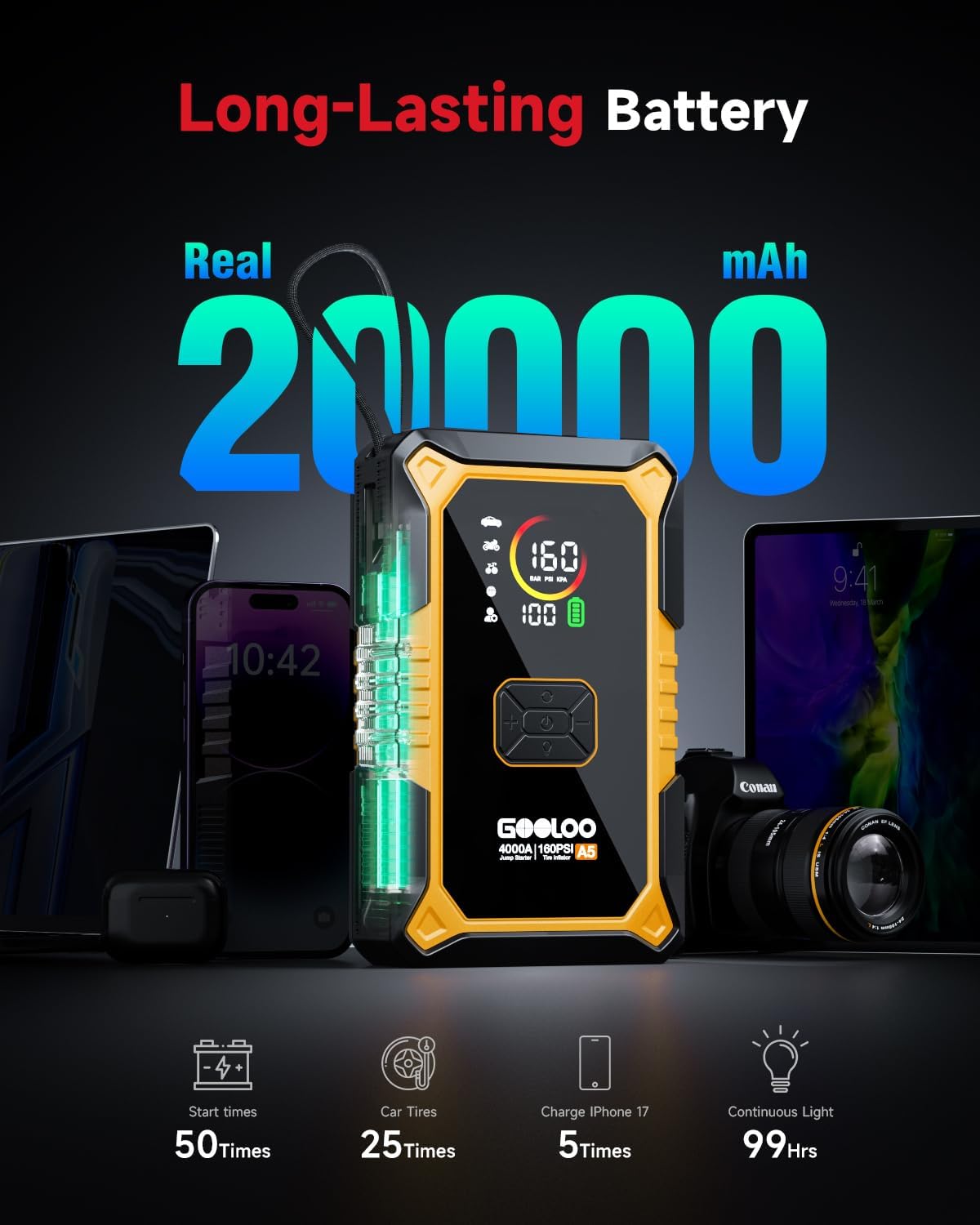 GOOLOO A5 Jump Starter with Air Compressor, 4000A Car Battery Booster