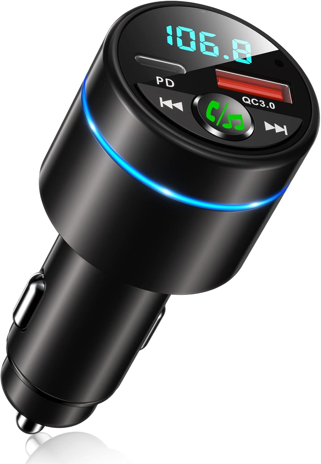 RIWUSI FM Transmitter for Car Bluetooth 5.3, [All-Metal] PD 30W & QC3.0 18W Fast Car Charger, Wireless FM Radio Kit Bluetooth Car Adapter, Noise Cancelling Hands-Free Call, Blue Light - Black
