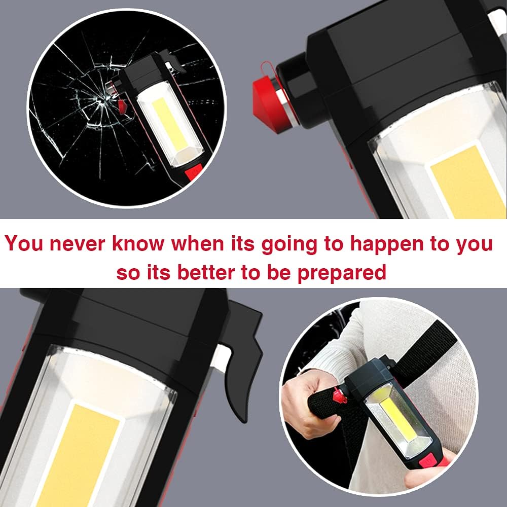 Maksone 9-in-1 Emergency Auto Tool with Flashlight, Window Breaker & Seat Belt Cutter, Magnetic LED Work Light with Hook for Car Repair, Camping, and Emergency Use (Battery Included) (1 Pack)