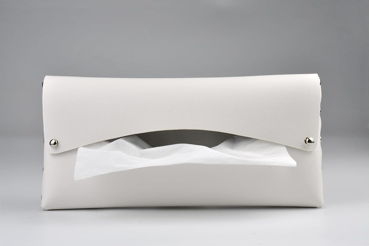 Car Tissue Holder, Tissue Case for Sun Visor, PU Leather Backseat Napkin Holder with Clips (White)