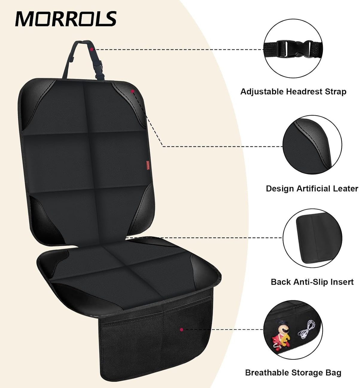 MORROLS Car Seat Protector for Child Seats,1 Pack Car Seat Cushion,Waterproof Fabric Car Seat Covers for Non-Slip Backing Mesh Pockets for Baby,Pet,SUV, Sedan and Trunk(Black)
