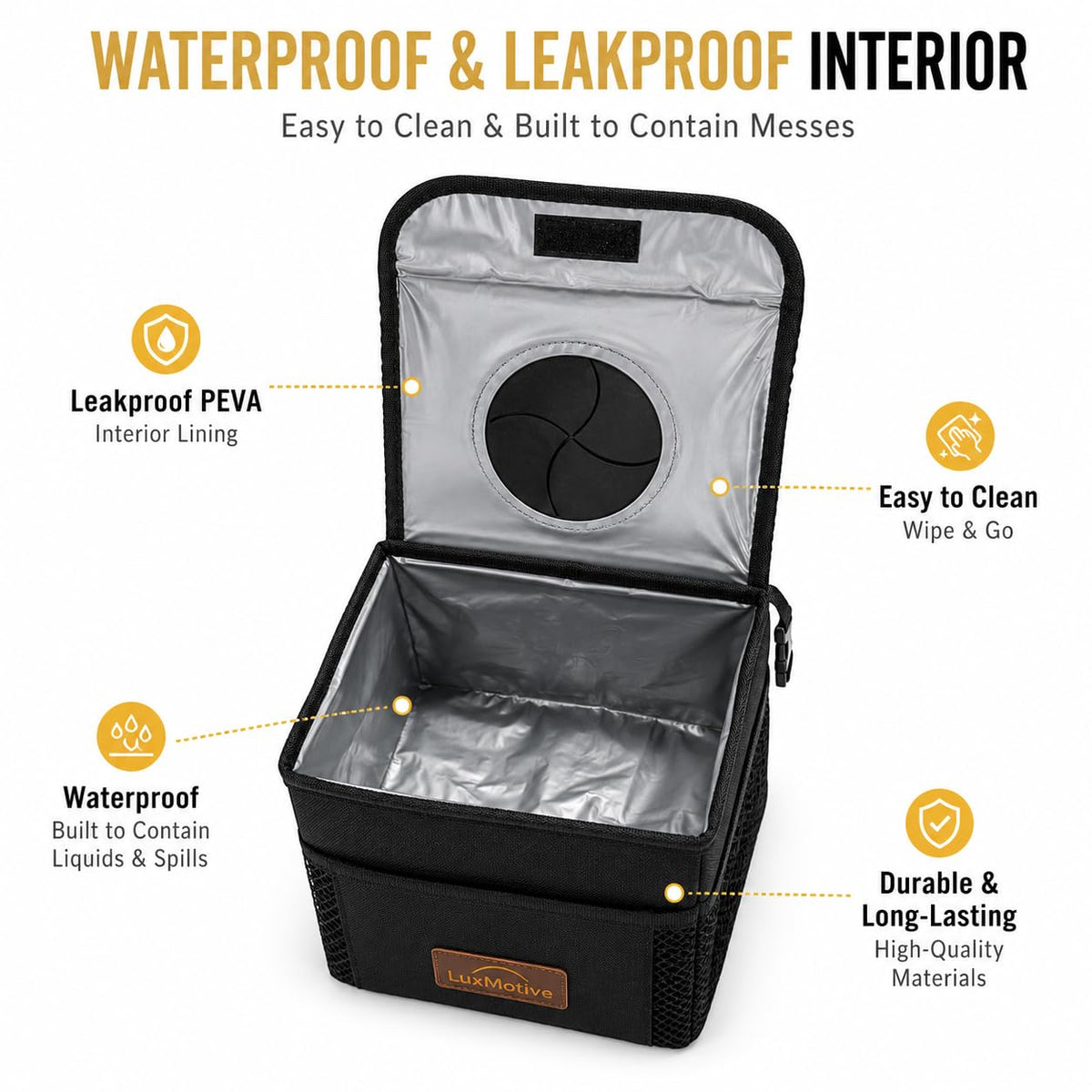 Car Trash Can Premium 3-Gallon Waterproof with Lid, Foldable Leakproof Auto Garbage Bin Organizer with Adjustable Strap, Reflective Interior & Mesh Storage Pockets (Black)