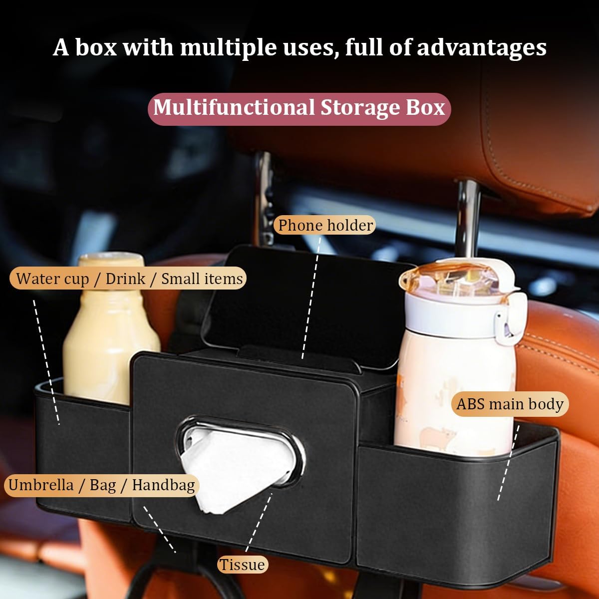 Car Headrest Backseat Organizer, 4 in 1 Multifunctional Vehicle Back Seat Storage Box with Drink Cup Holder Tissue Box, Automotive Interior Headrest Organizer Box, Universal Fit (Black)