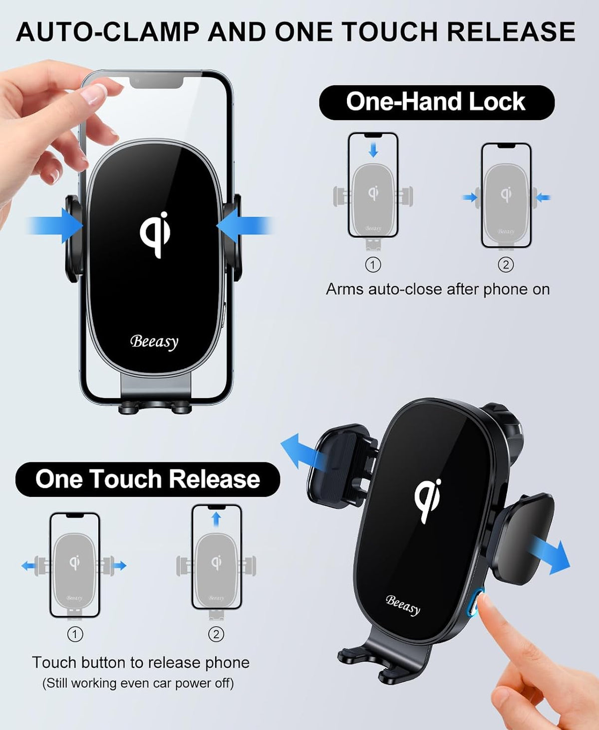 Beeasy Wireless Car Charger, 15W Fast Car Mount Charger 360° Rotation Automatic Clamping&One-Touch Release Car Vent Phone Mount Compatible with iPhone12-17, Samsung, Android Smartphones