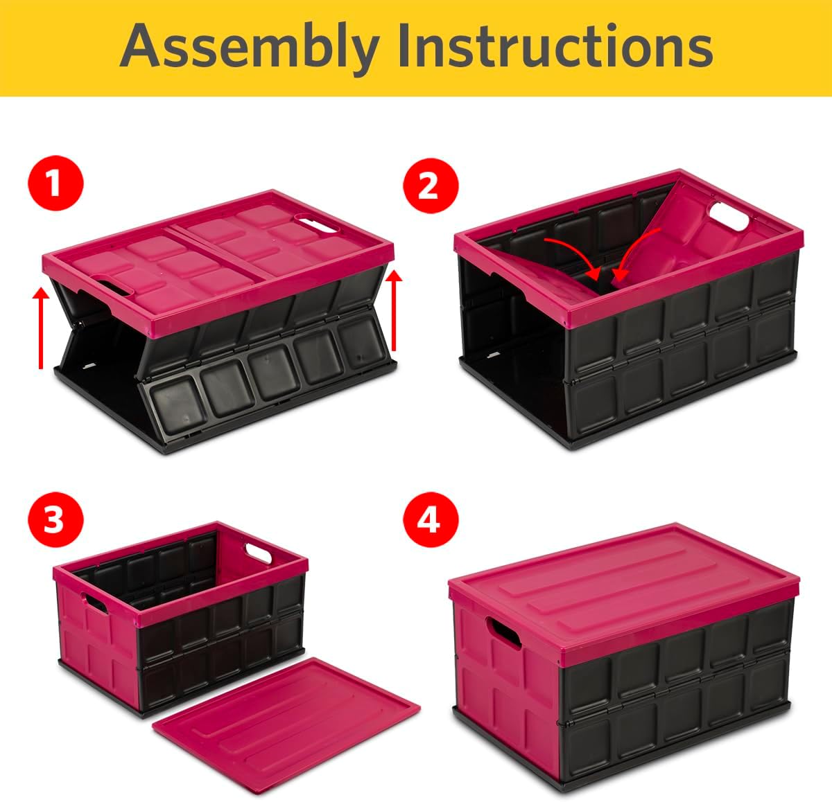 Glad Collapsible Storage Bin with Lid - 48L Foldable Plastic Box for Garage, Car Trunk, and Organization - Stackable Lidded Container with Handles, Purple