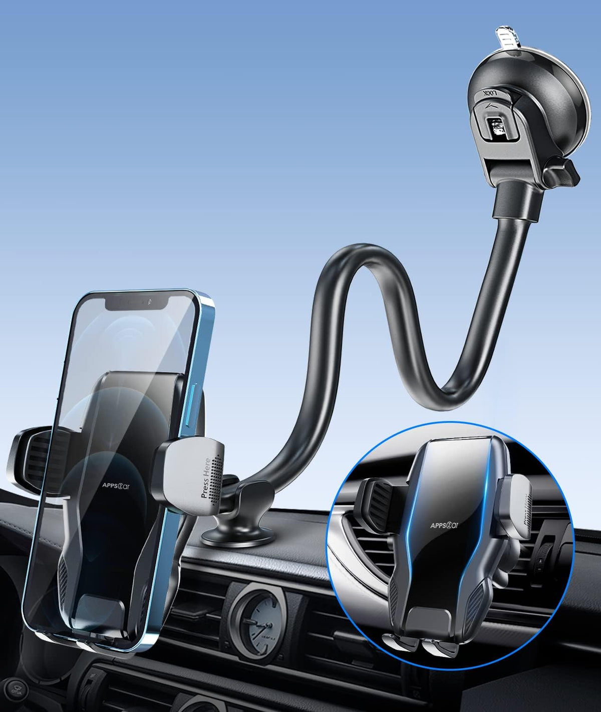 APPS2Car 13" Gooseneck Truck Phone Mount, Suction Cup for Windshield Vent