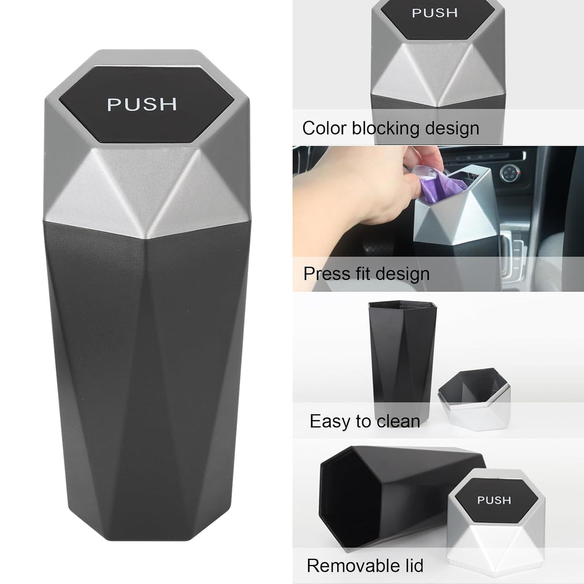 Car Trash Can Bin,Small Garbage Can with Lid,Automotive Cup Holder Mini Cars Trashcan,Portable Door Trash Cans,Car Essentials Gadgets Dustbin (2Pcs, Silver)