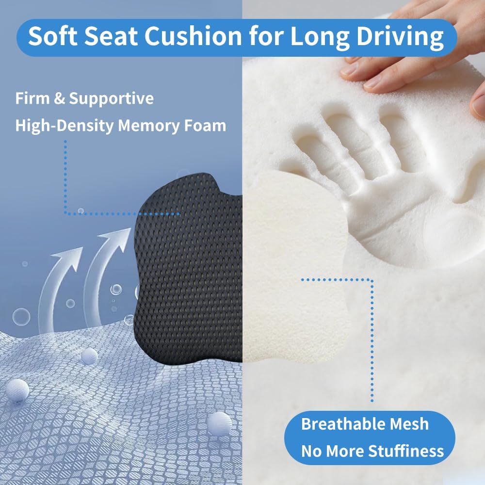 Car Seat Cushion for Long Driving Memory Foam Wedge Cushion for Back Pain & Tailbone Pain Relief Non Slip & Ergonomic Car Seat Pillow Pad, Universal Fit for Most Car Truck Office Chair & Wheelchair