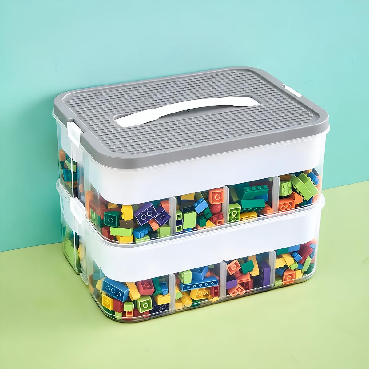 Toys Organizer Storage Case for Lego Box Kids Toy Stackable Building Blocks with Lids Bins Adjustable Lego Storage Containers Plastic Toy Box Grey 2 Layers