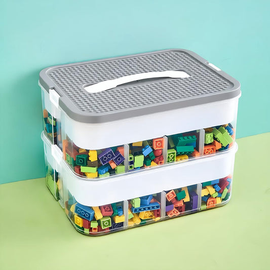 Toys Organizer Storage Case for Lego Box Kids Toy Stackable Building Blocks with Lids Bins Adjustable Lego Storage Containers Plastic Toy Box Grey 2 Layers