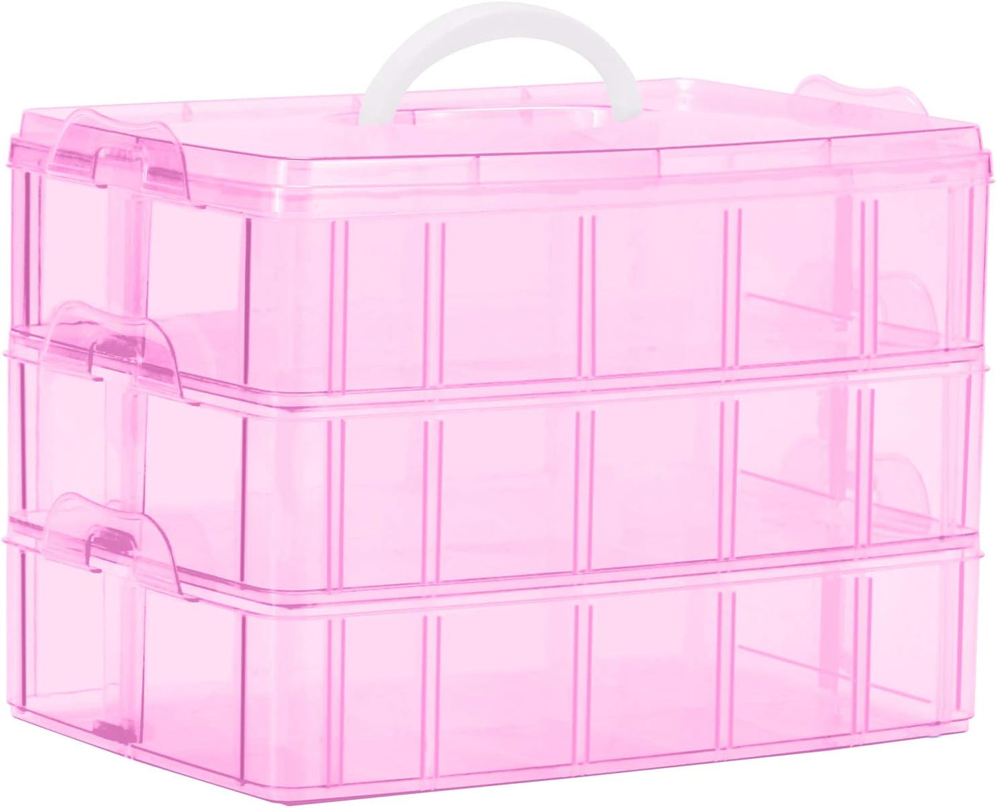 Sooyee Bead Organizer, 3-Tier Craft Organizers and Storage, Stackable Storage Containers with 30 Compartments Dividers for Washi Tape, Toy, Nail, Art Supplies, Fishing Tackle, Pink