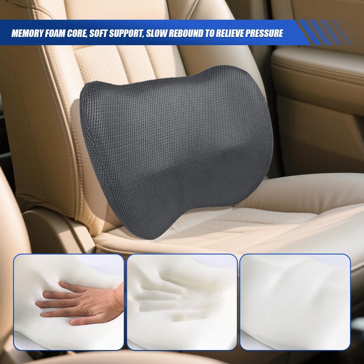 Car Lumbar Support Pillow, Breathable Memory Foam Car Seat Back Cushion for Comfortable Driving, Universal Auto Interior Rest Pillow for Home, Office, Wheelchair (Gray)