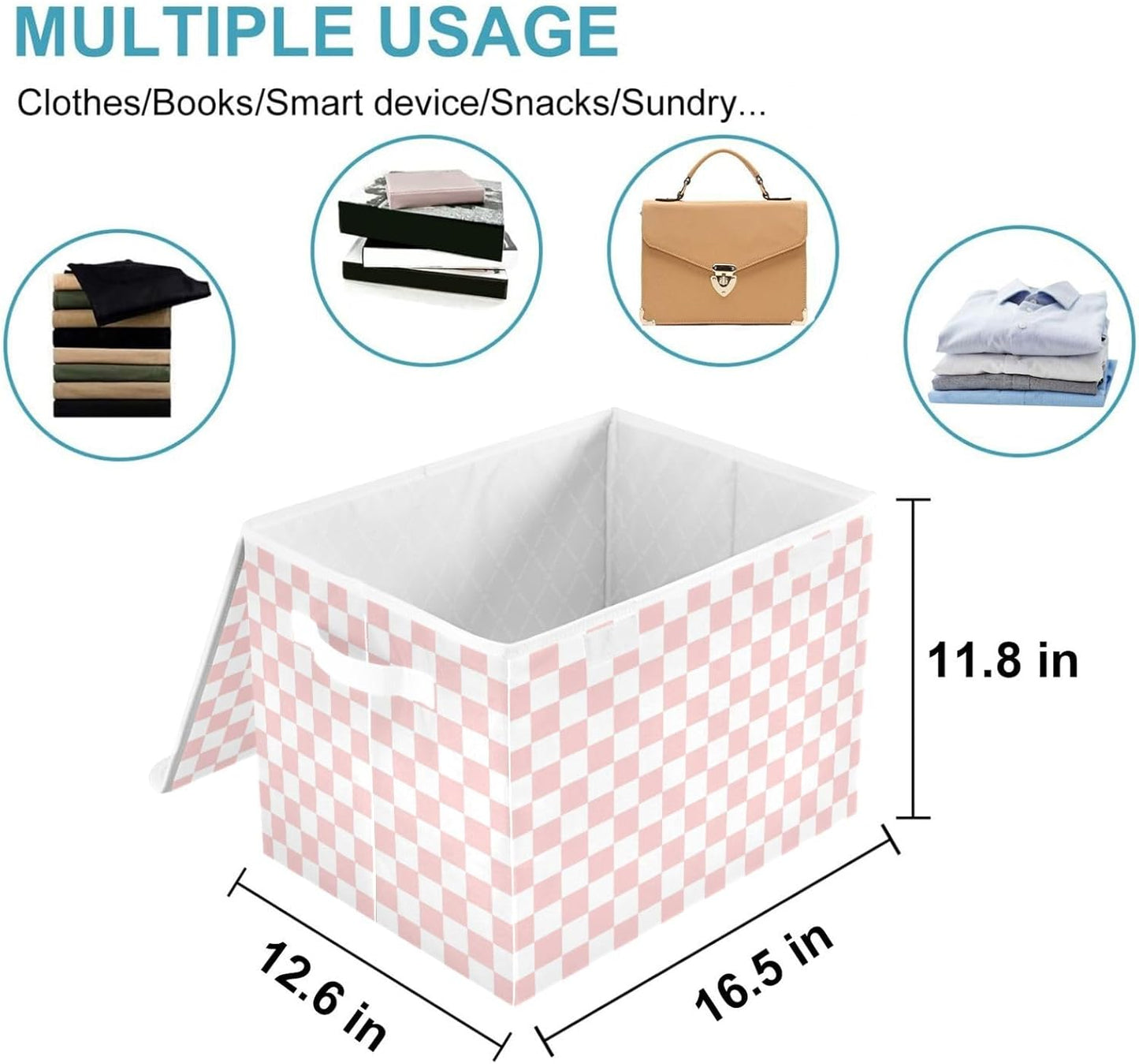 CaTaKu Large Fabric Storage Bins With Lids,Pink Checkered Racing Storage Boxes With Handles for Organizing Clothes, Collapsible Storage Cube Bins Baskets for Shelves