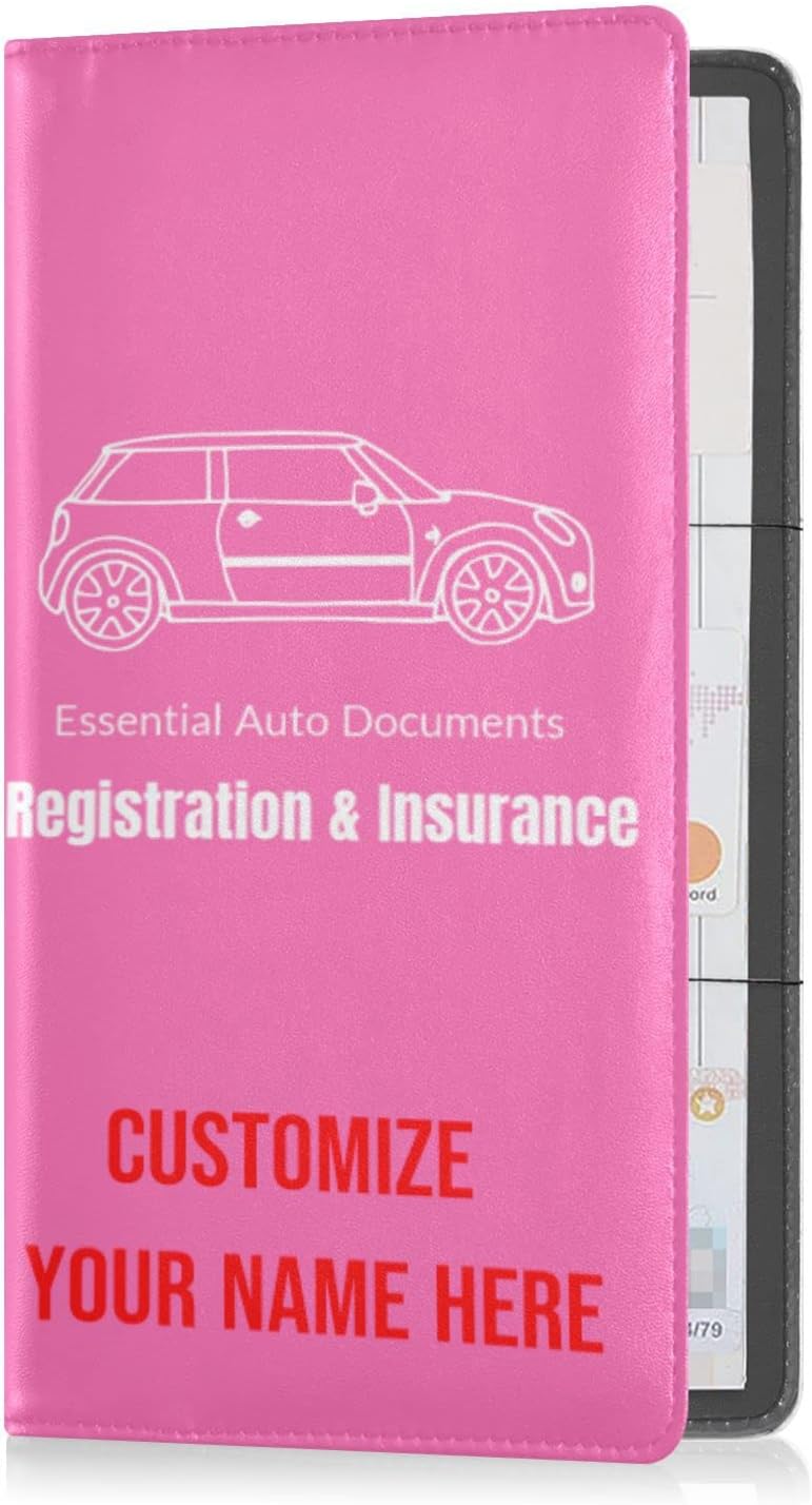 Custom Car Registration and Insurance Card Holder Personalized Leather Glove Box Organize Men Women Wallet Accessories Case for Cards, Essential Document Driver License Hot Pink
