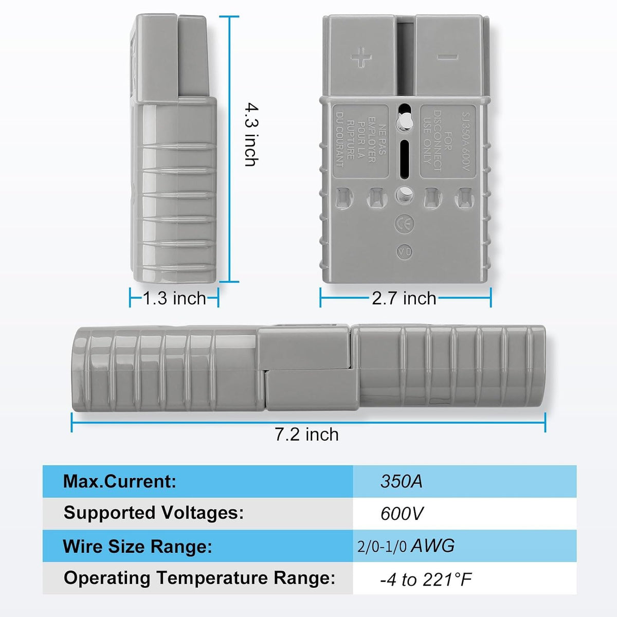 350 Amp 2/0-1/0AWG Battery Quick Connect/Disconnect Connector