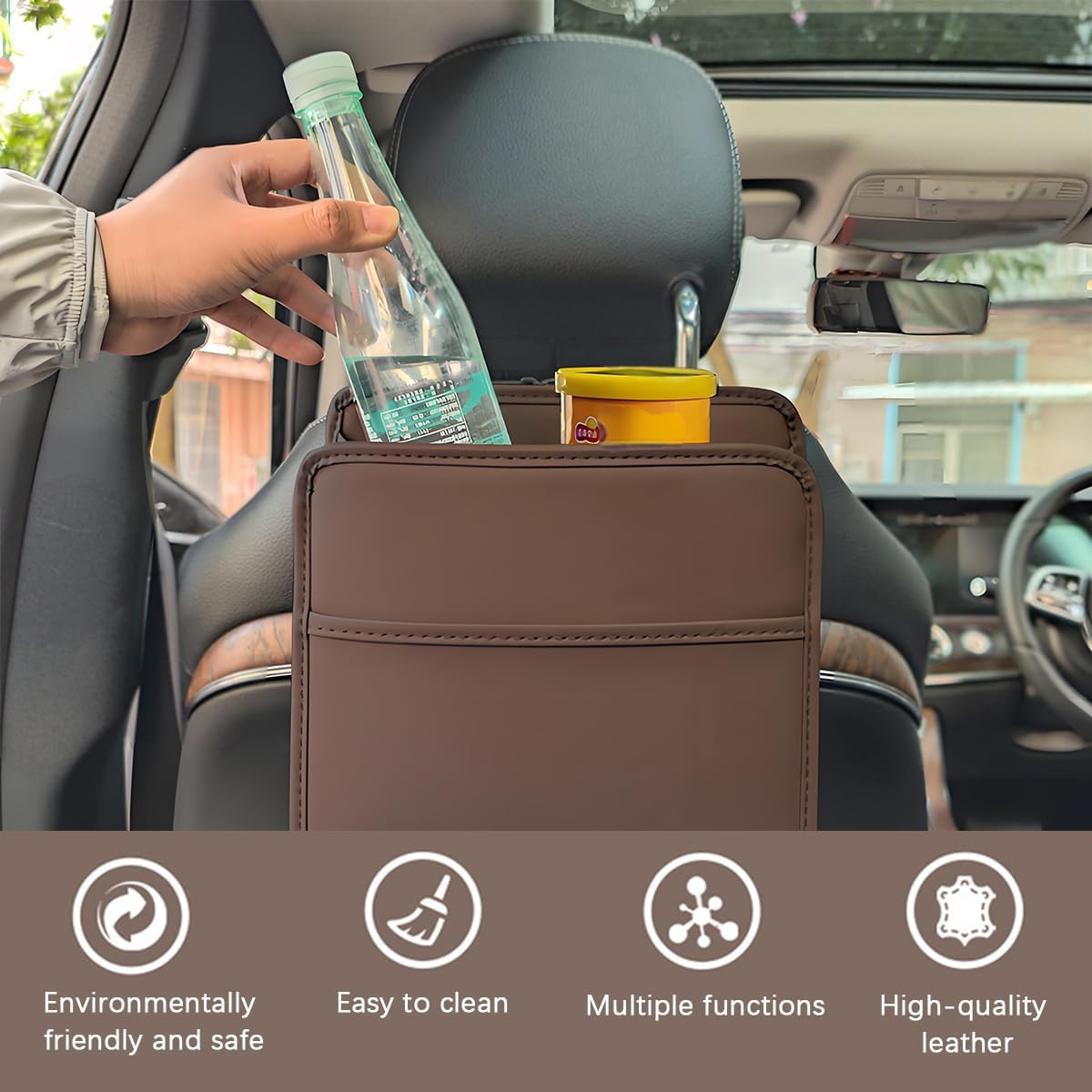 Zpana Car Seat Back Organizer, Leather Multipurpose Hanging Vehicle Backseat Headrest Storage Bag, Automotive Pouch Pocket Organizer for Kids & Adults, Universal for Truck SUV Sedan (Black)