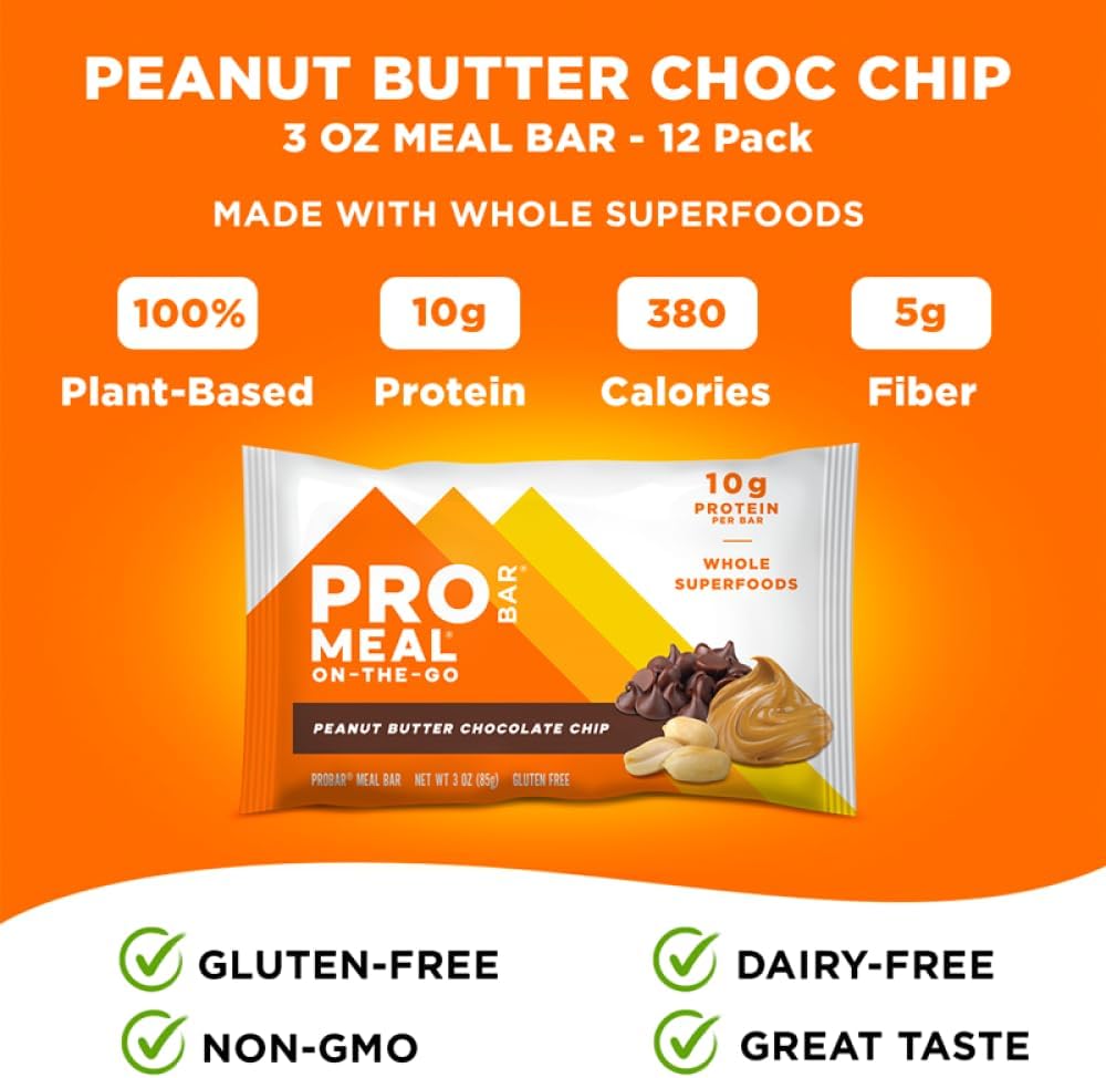 PROBAR MEAL Bar – Plant Based Meal Replacement Bar with Whole Food Ingredients, Oats, Nuts & Seeds, Vegan, Gluten Free, Non-GMO Nutrition Bar for Breakfast, Travel & On-the-Go Energy (Peanut Butter Chocolate Chip, 12 Count)