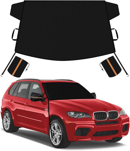 METOWARE 600D Windshield Cover - Heavy Duty All-Weather Sun Shade & Snow Frost Guard, UV Protector, Waterproof Windshield Protector with Mirror Covers for Cars, Sedans, Compact SUVs (69"x42")