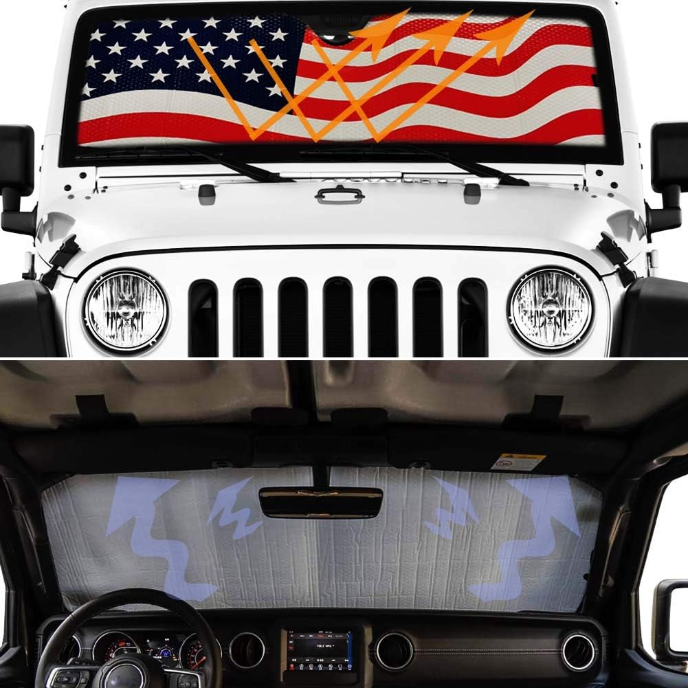 Windshield Sun Shade for 2007-2023 Wrangler Rubicon Sahara TJ JK JKU 2 & 4 Door-Blocks UV Rays Sun Visor Protector,Car Sun Shade Keep Your Vehicle Cool,American Flag Car Sun Shade