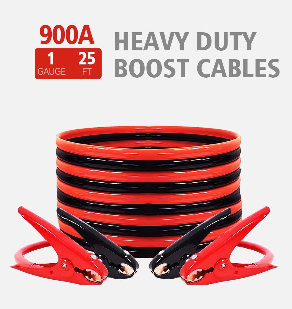 Heavy Duty Jumper Cables, Booster Cables 1 Gauge 25Feet 900AMP Automotive Jumper Cables Kit for Car, SUV, and Trucks with Professional Clamps and Carrying Bag