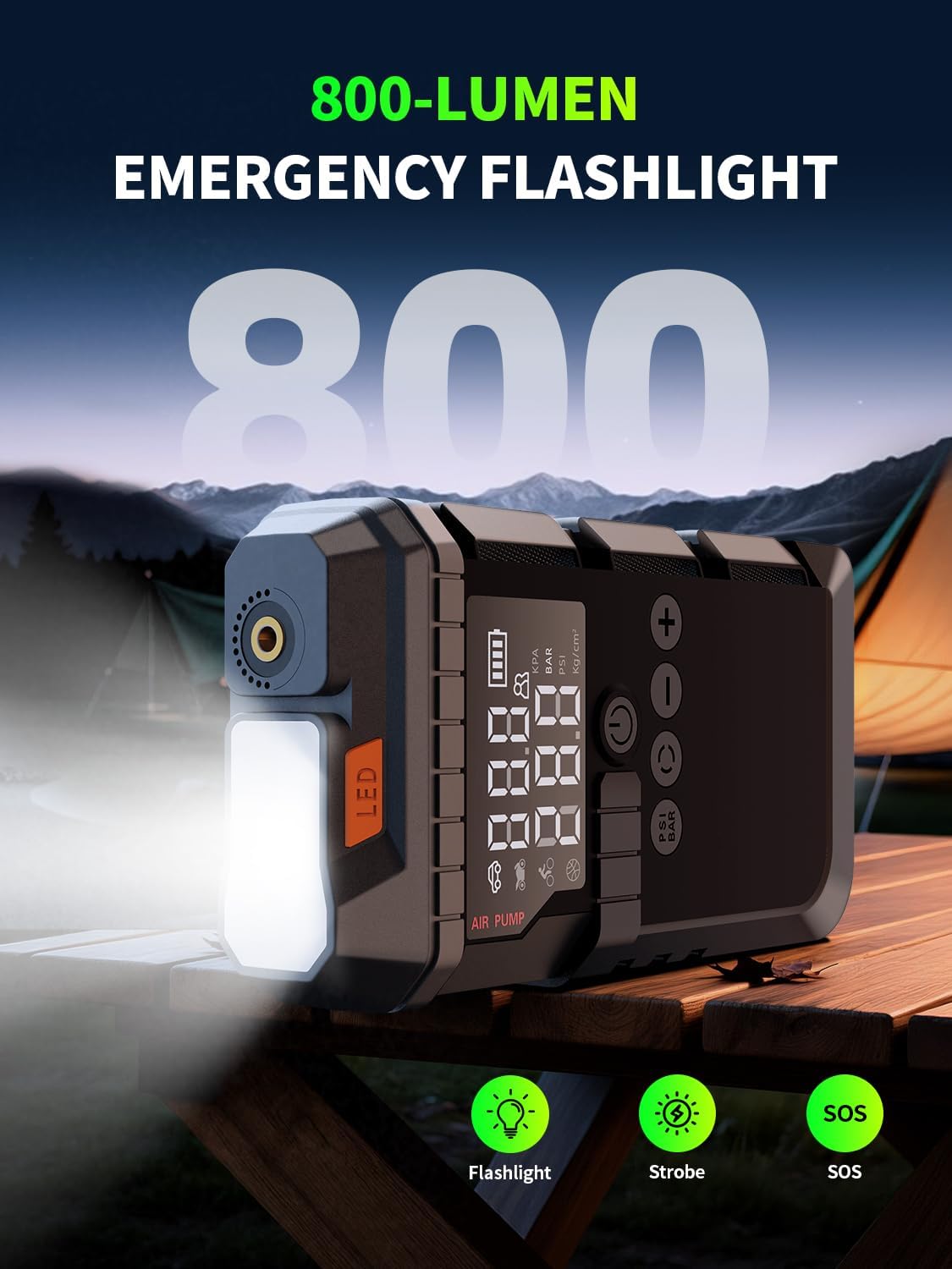 Portable Car Battery Jump Starter with Air Compressor (All Gas/12L Diesel)