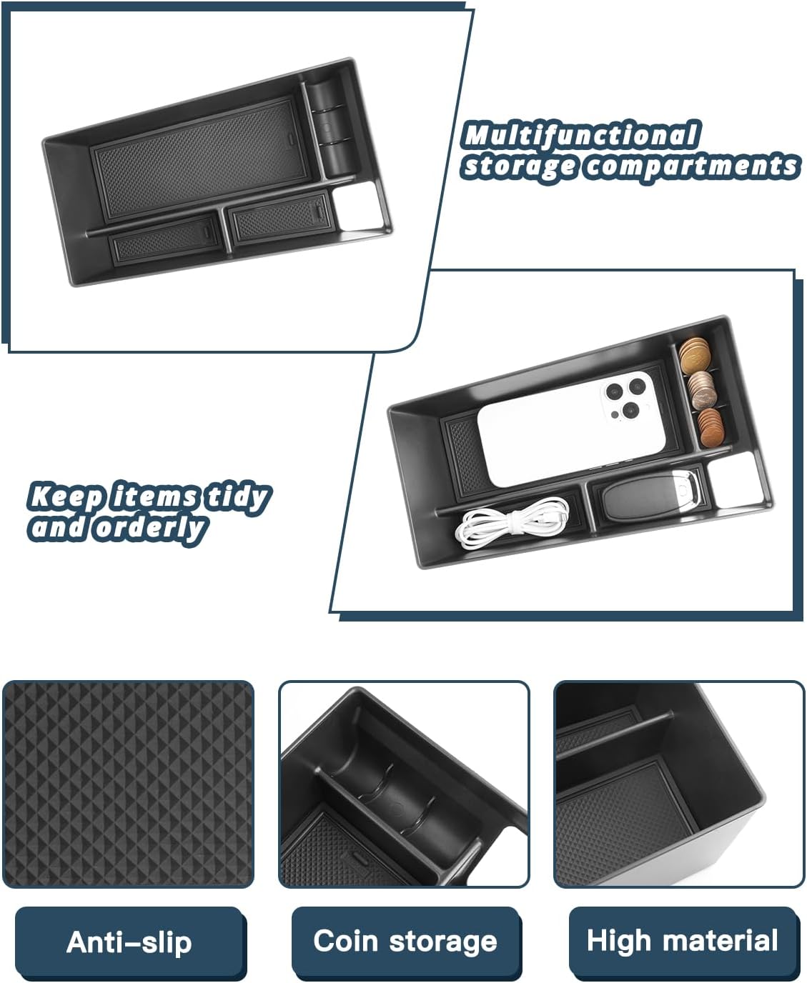 Ruiya 2021-2024 Mach E Center Console Organizer for Mustang Mach‑E accessories ABS Armrest Console Organizer Compatible with 2021 2022 2023 2024 Mustang Mach E All Trims (Select, Premium, GT, Rally)
