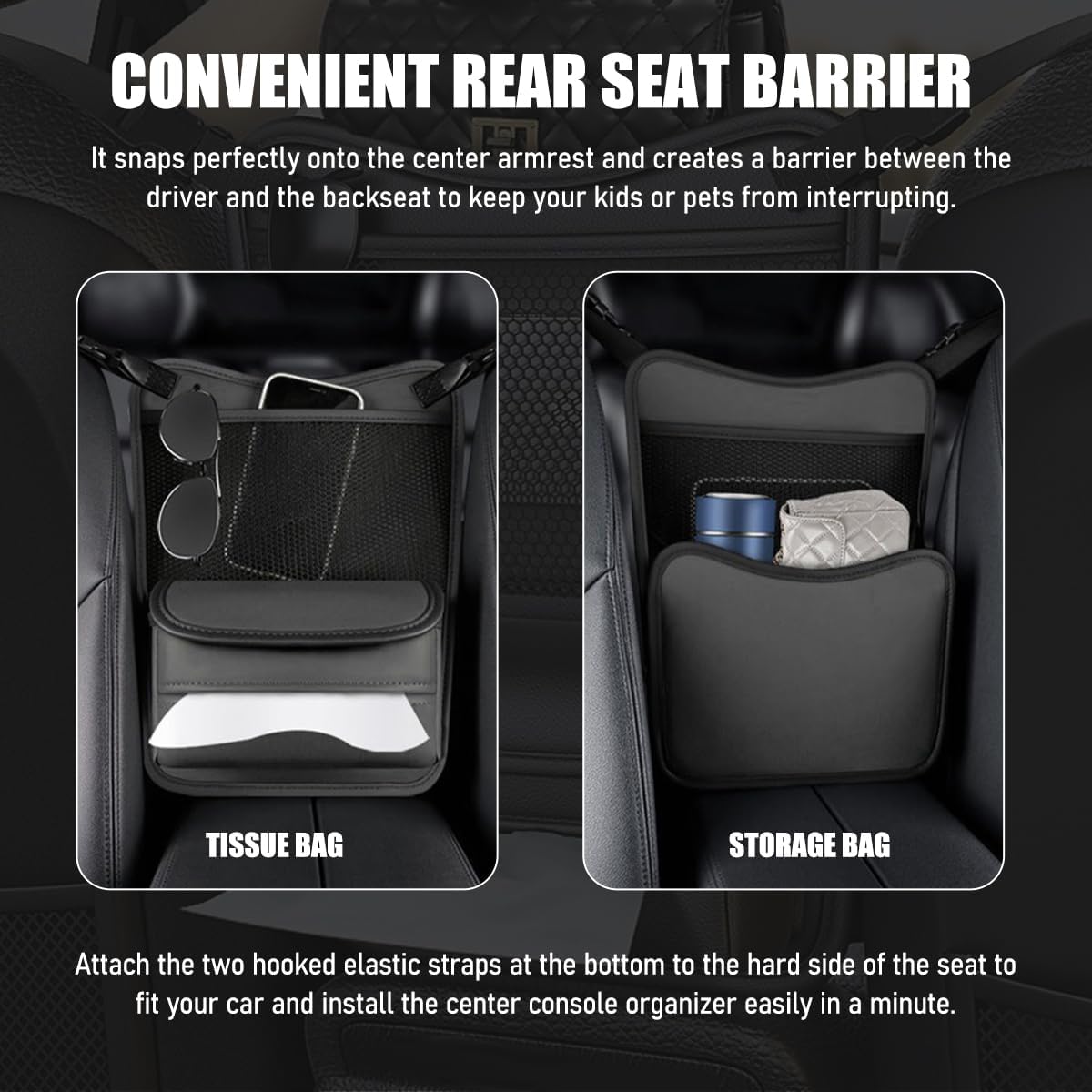 Car Organizer Storage Between Seats, Nappa Leather Front Seat Storage Bag with Tissue Holder, Automotive Console Hanging Net Pocket Handbag Holder for Phone Document (Gray)