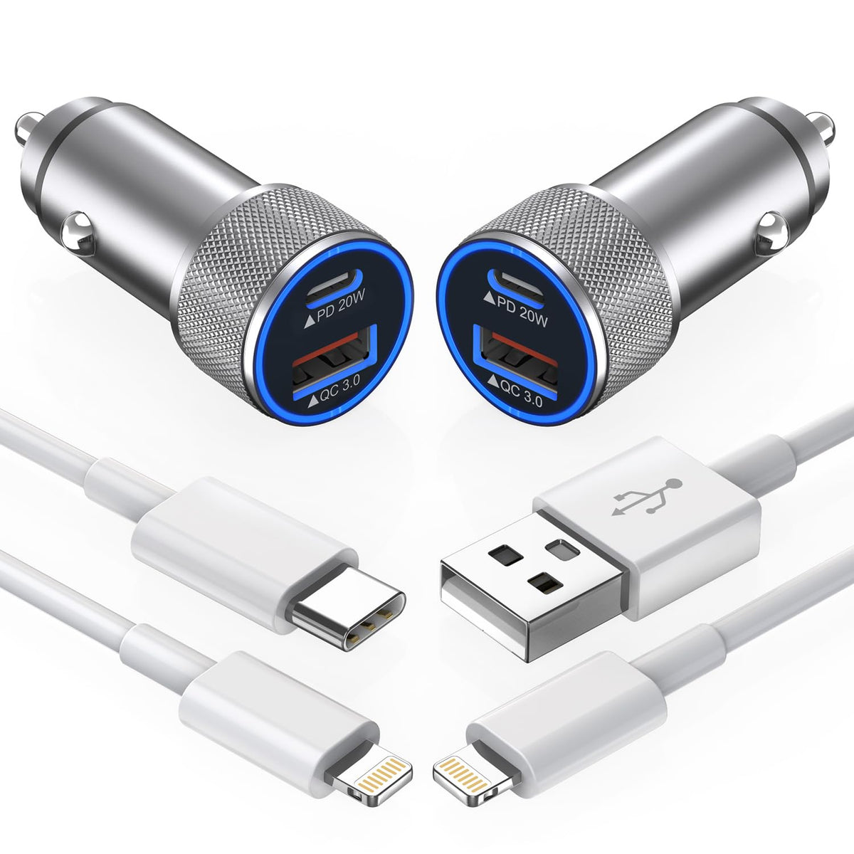 iPhone Car Charger,【2Pack】38W Dual Port USB C+QC3.0 [Apple MFi Certified] Fast Charging Cigarette Lighter iPhone Charger Car Adapter with【2 Pack】Lightning Cable for iPhone 14 13 Pro Max 12 11 X - Grey