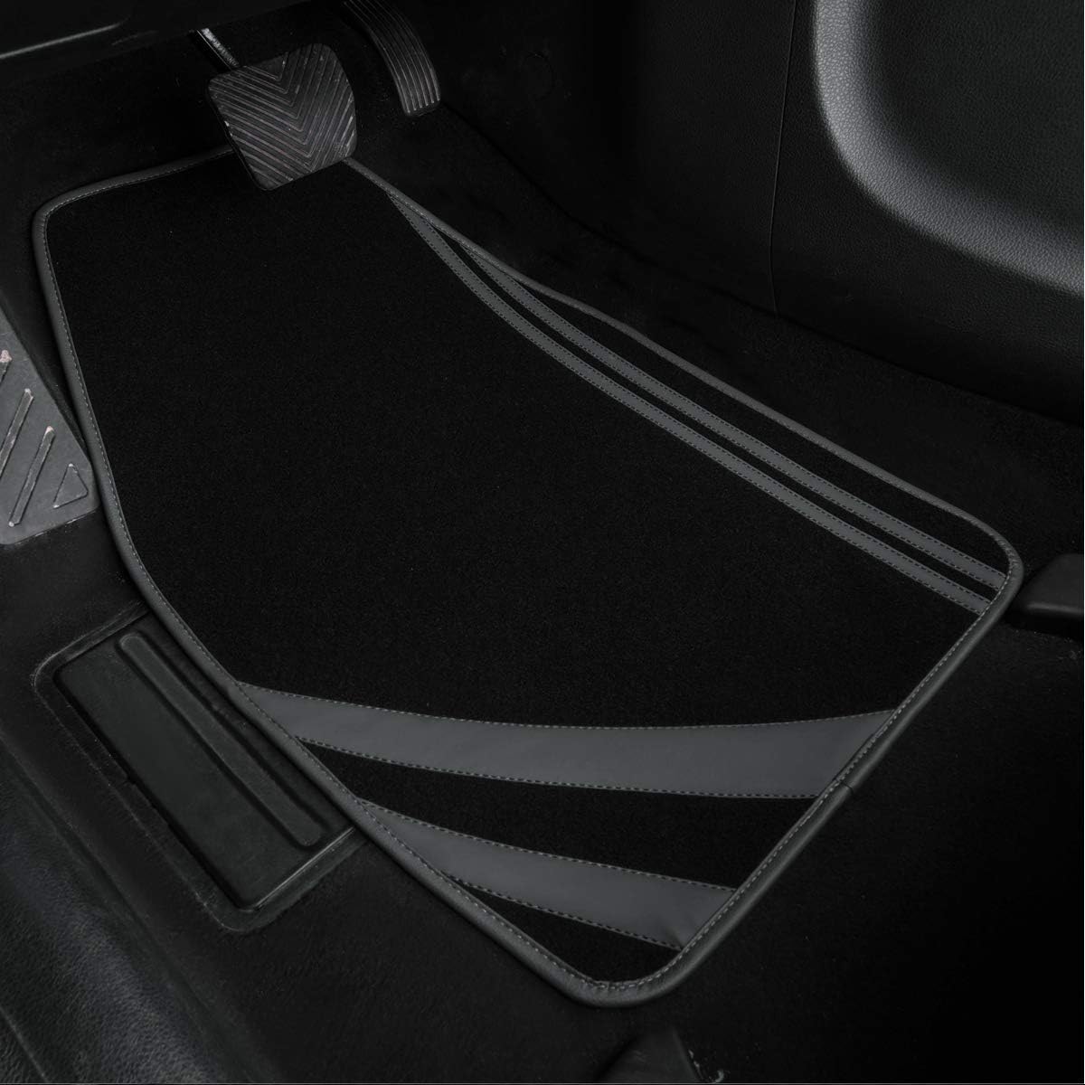 CAR PASS Carpet Car Floor Mats, Edge Leather Waterproof Car Mats with Double Stitch Line and Anti-Slip Backing Design, Fit 95% Automotive,SUVS,Sedan,Vans (Black and Gray)